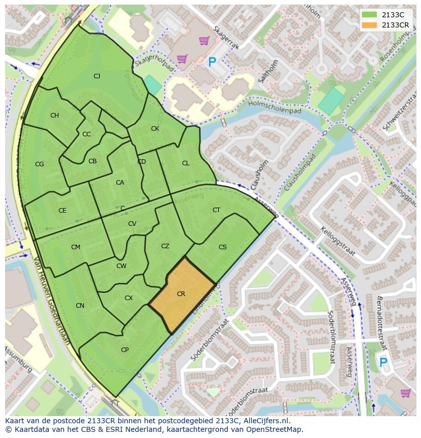 Afbeelding van het postcodegebied 2133 CR op de kaart.