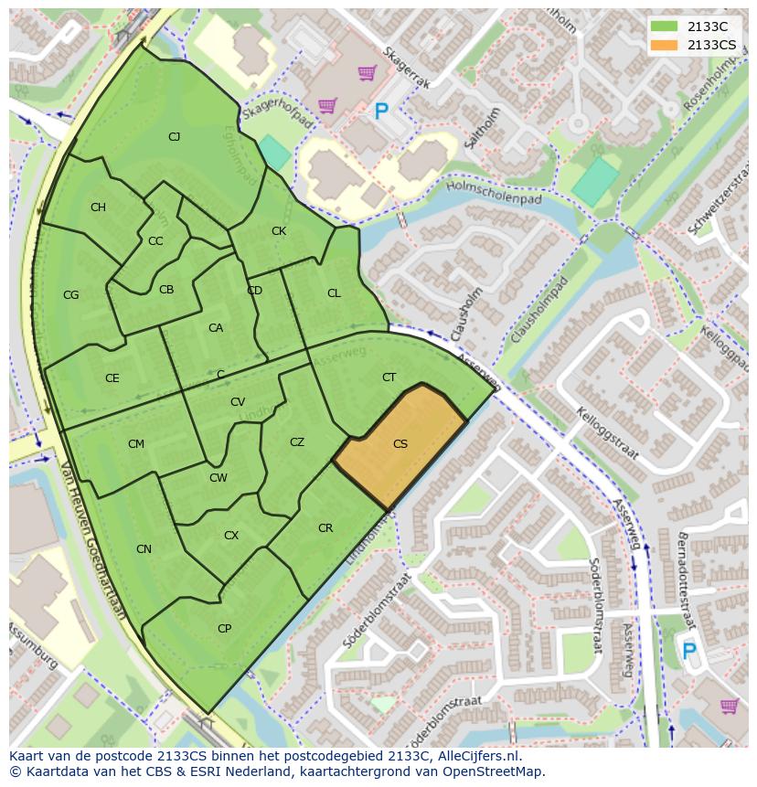 Afbeelding van het postcodegebied 2133 CS op de kaart.