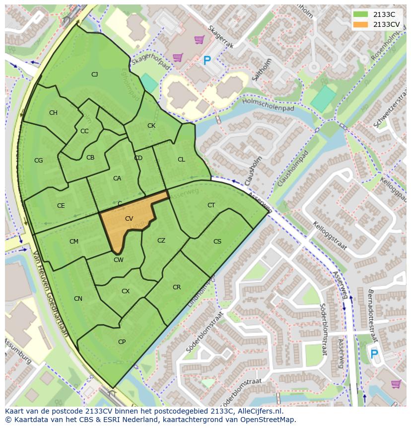 Afbeelding van het postcodegebied 2133 CV op de kaart.