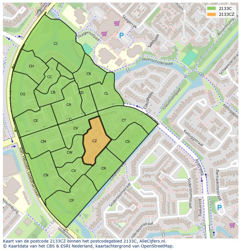 Afbeelding van het postcodegebied 2133 CZ op de kaart.
