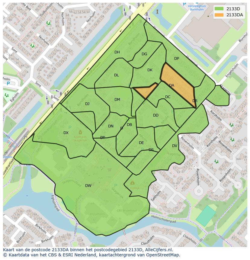 Afbeelding van het postcodegebied 2133 DA op de kaart.