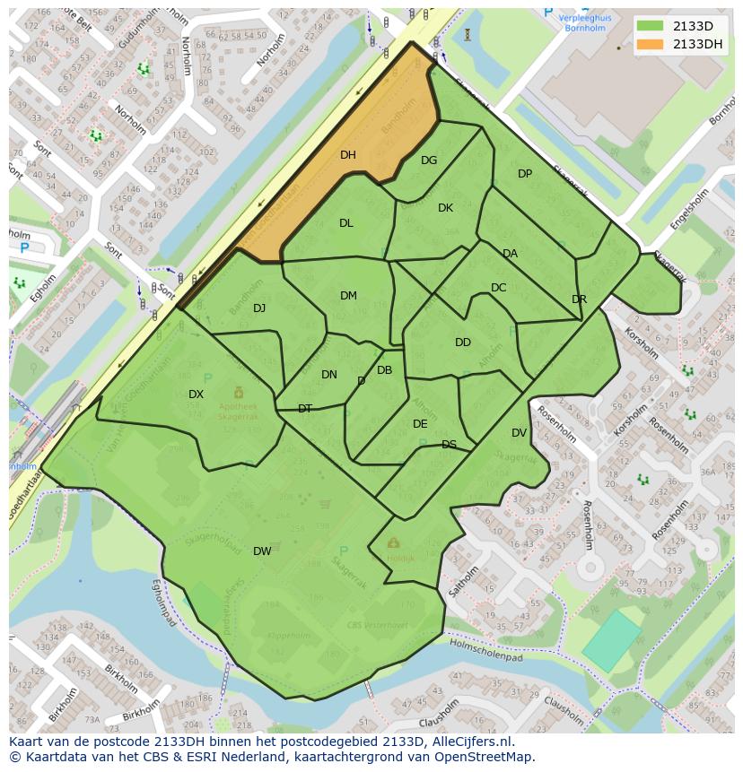 Afbeelding van het postcodegebied 2133 DH op de kaart.