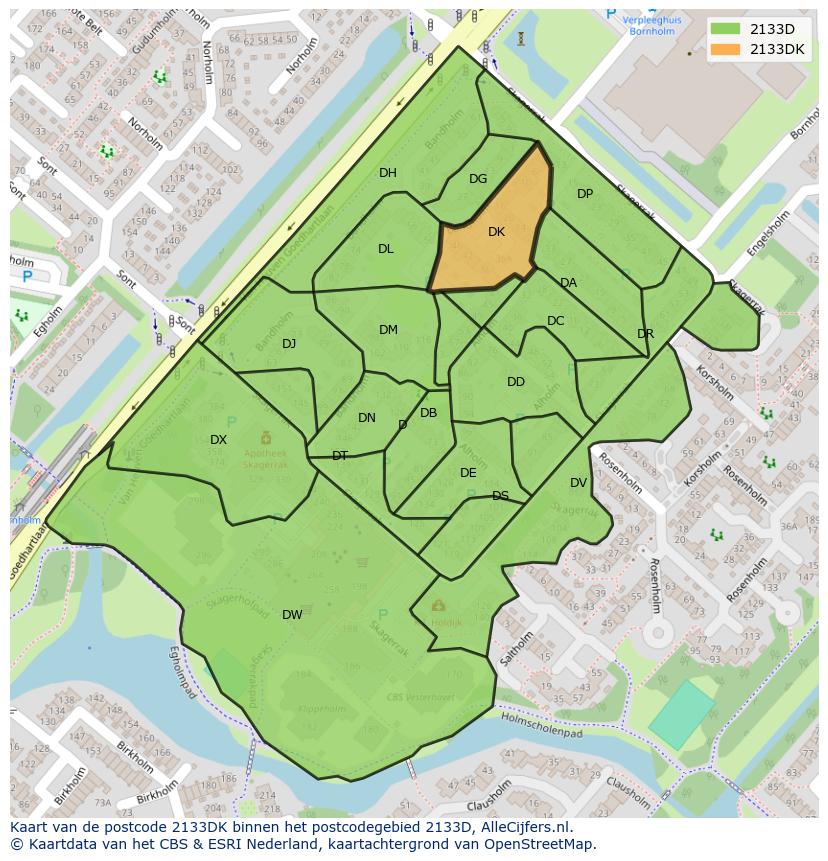 Afbeelding van het postcodegebied 2133 DK op de kaart.