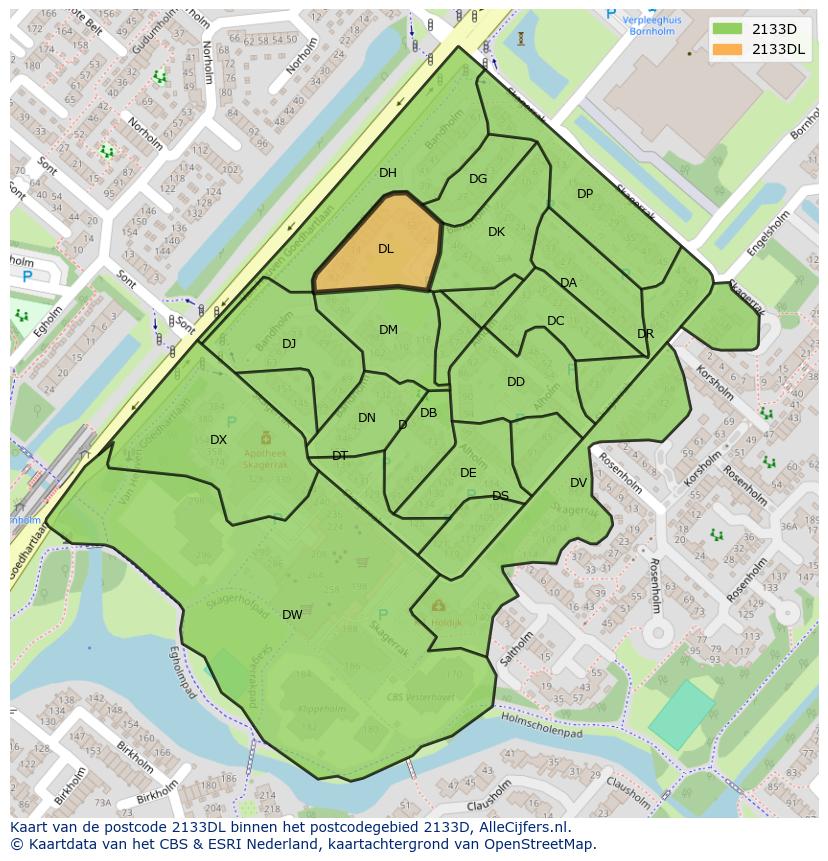 Afbeelding van het postcodegebied 2133 DL op de kaart.