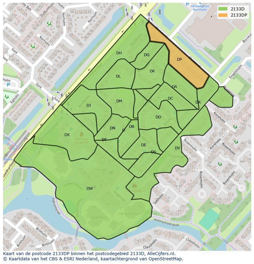 Afbeelding van het postcodegebied 2133 DP op de kaart.