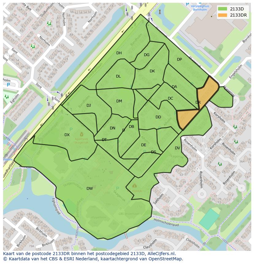 Afbeelding van het postcodegebied 2133 DR op de kaart.