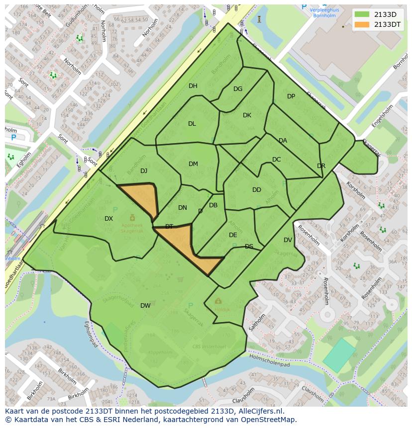 Afbeelding van het postcodegebied 2133 DT op de kaart.