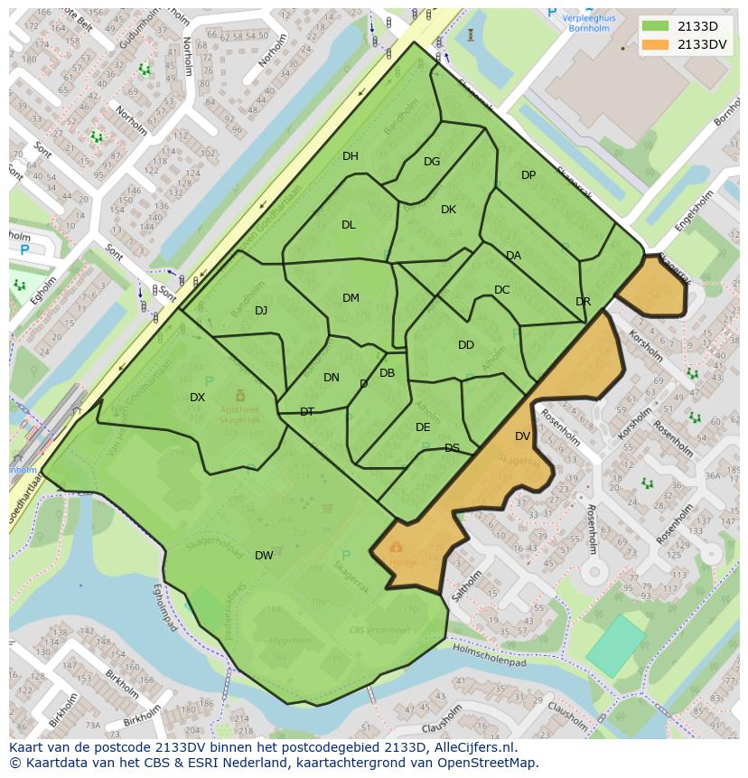 Afbeelding van het postcodegebied 2133 DV op de kaart.