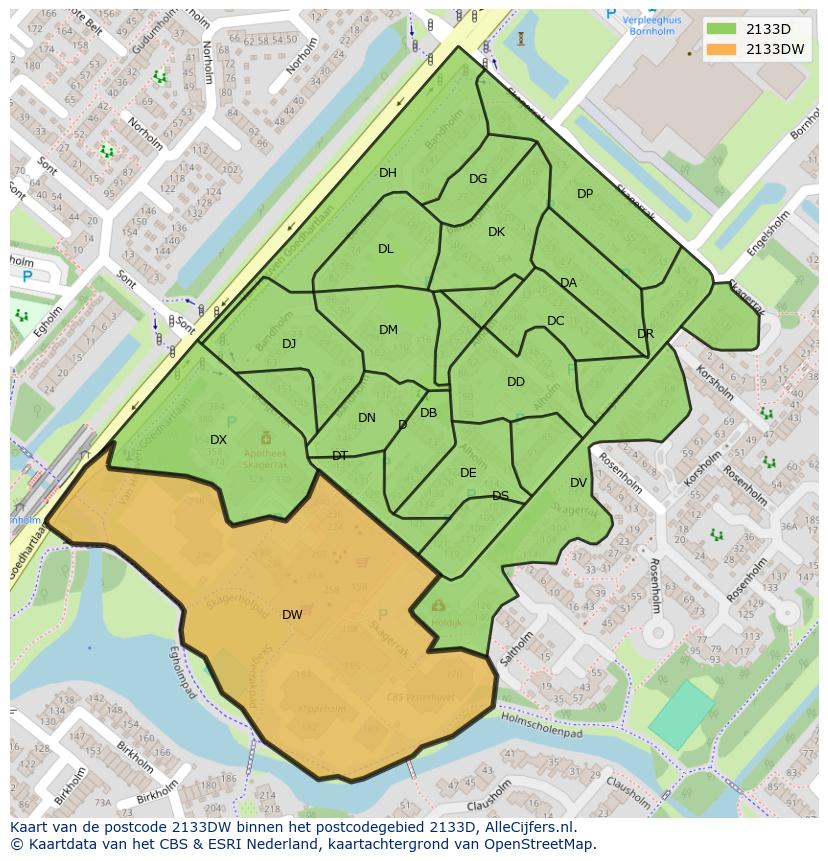 Afbeelding van het postcodegebied 2133 DW op de kaart.