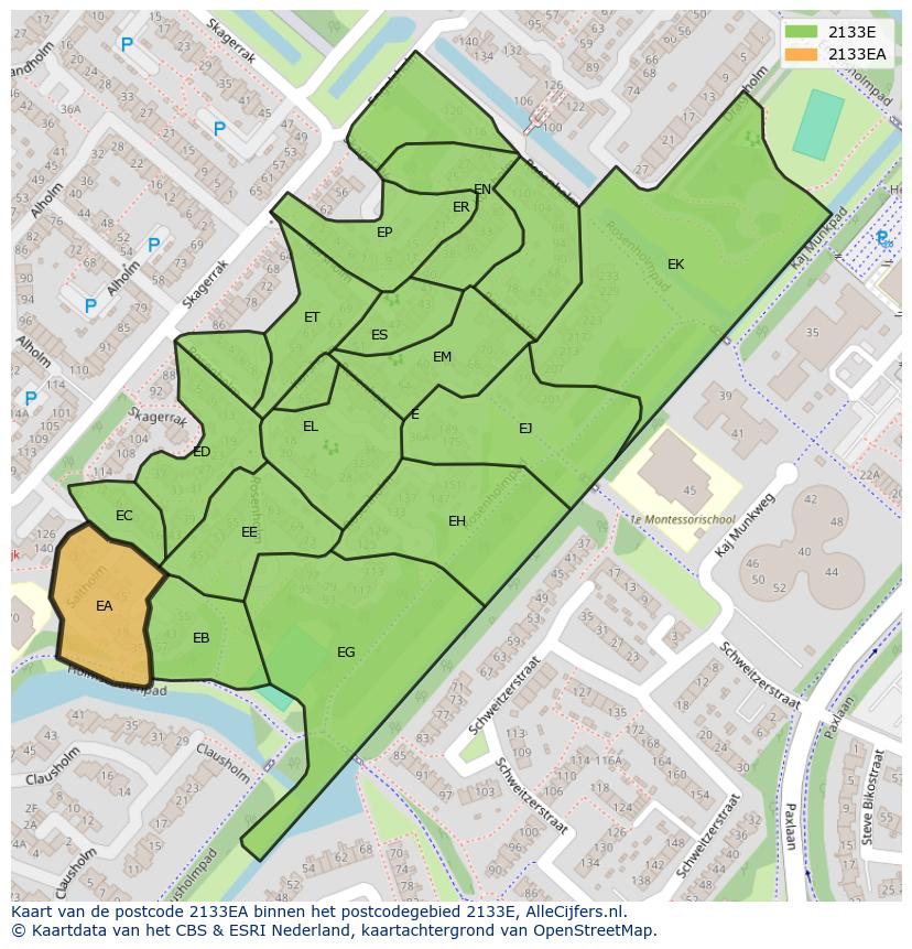 Afbeelding van het postcodegebied 2133 EA op de kaart.