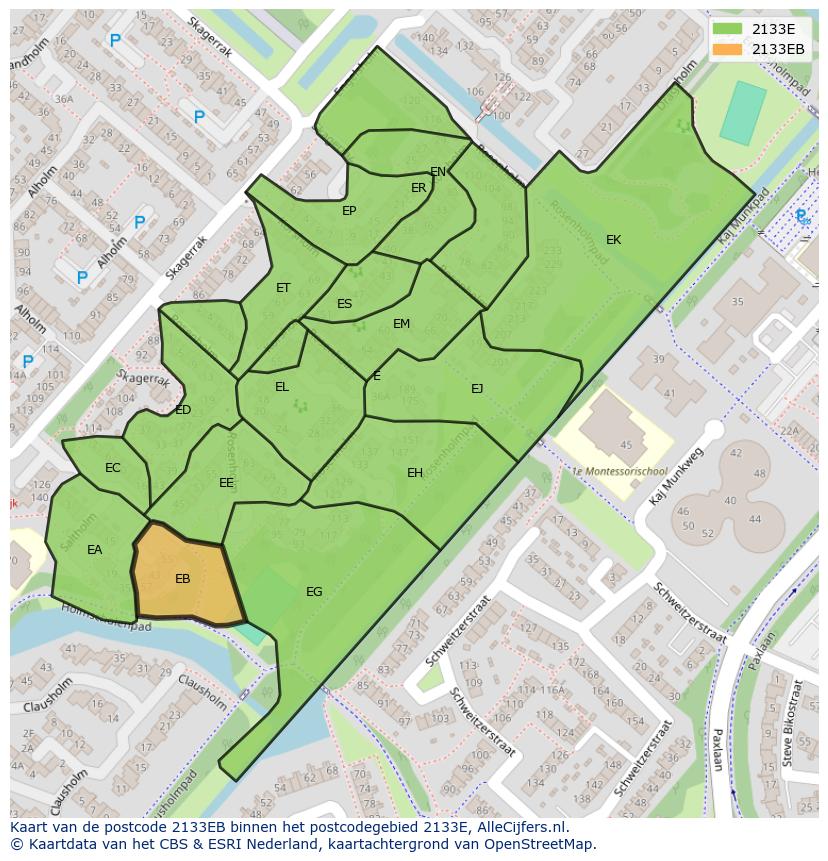 Afbeelding van het postcodegebied 2133 EB op de kaart.