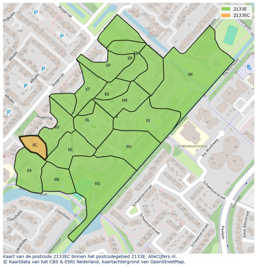 Afbeelding van het postcodegebied 2133 EC op de kaart.
