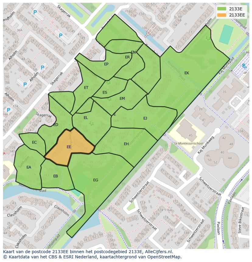 Afbeelding van het postcodegebied 2133 EE op de kaart.