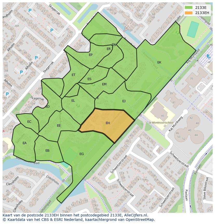 Afbeelding van het postcodegebied 2133 EH op de kaart.