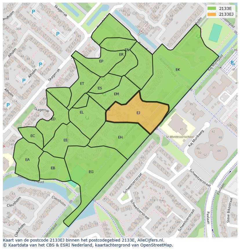 Afbeelding van het postcodegebied 2133 EJ op de kaart.