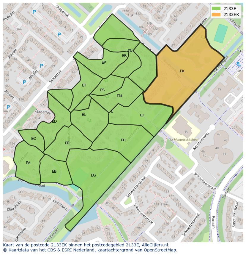 Afbeelding van het postcodegebied 2133 EK op de kaart.