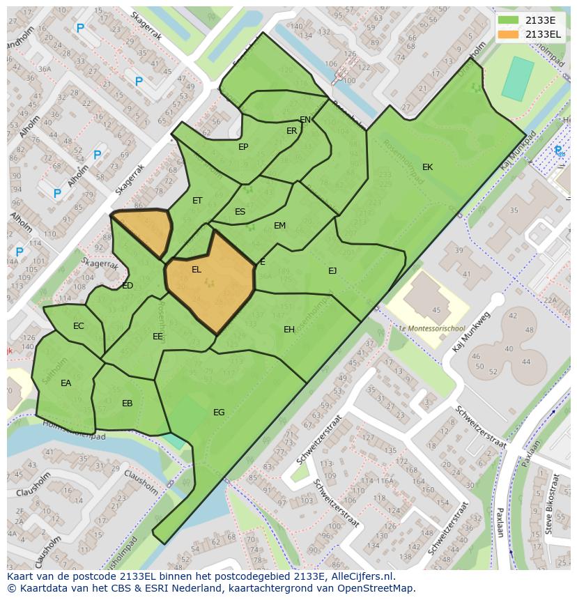 Afbeelding van het postcodegebied 2133 EL op de kaart.