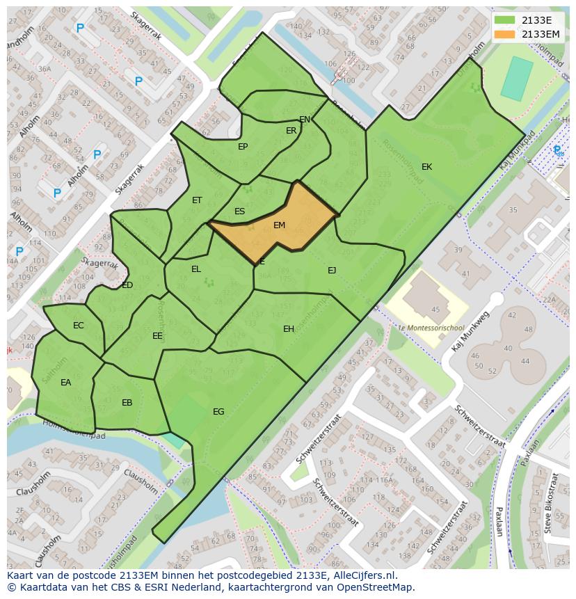 Afbeelding van het postcodegebied 2133 EM op de kaart.