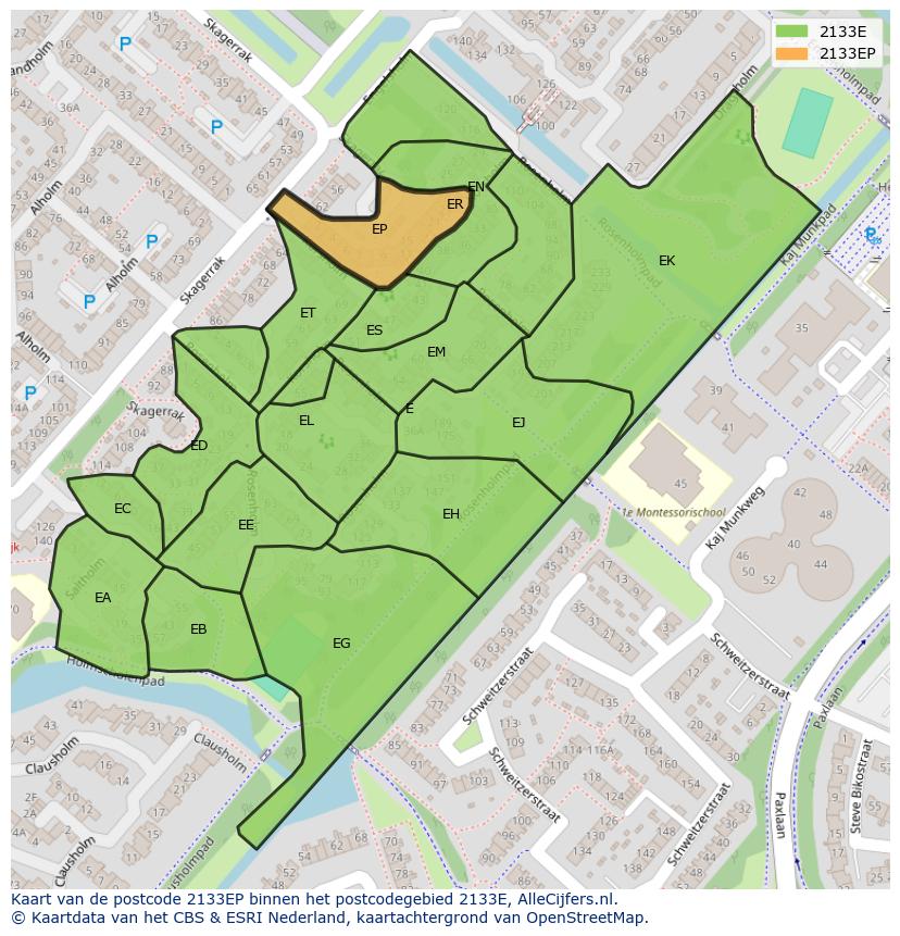 Afbeelding van het postcodegebied 2133 EP op de kaart.