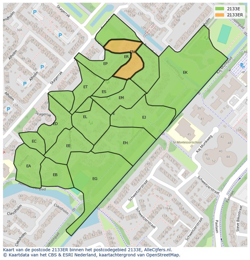 Afbeelding van het postcodegebied 2133 ER op de kaart.