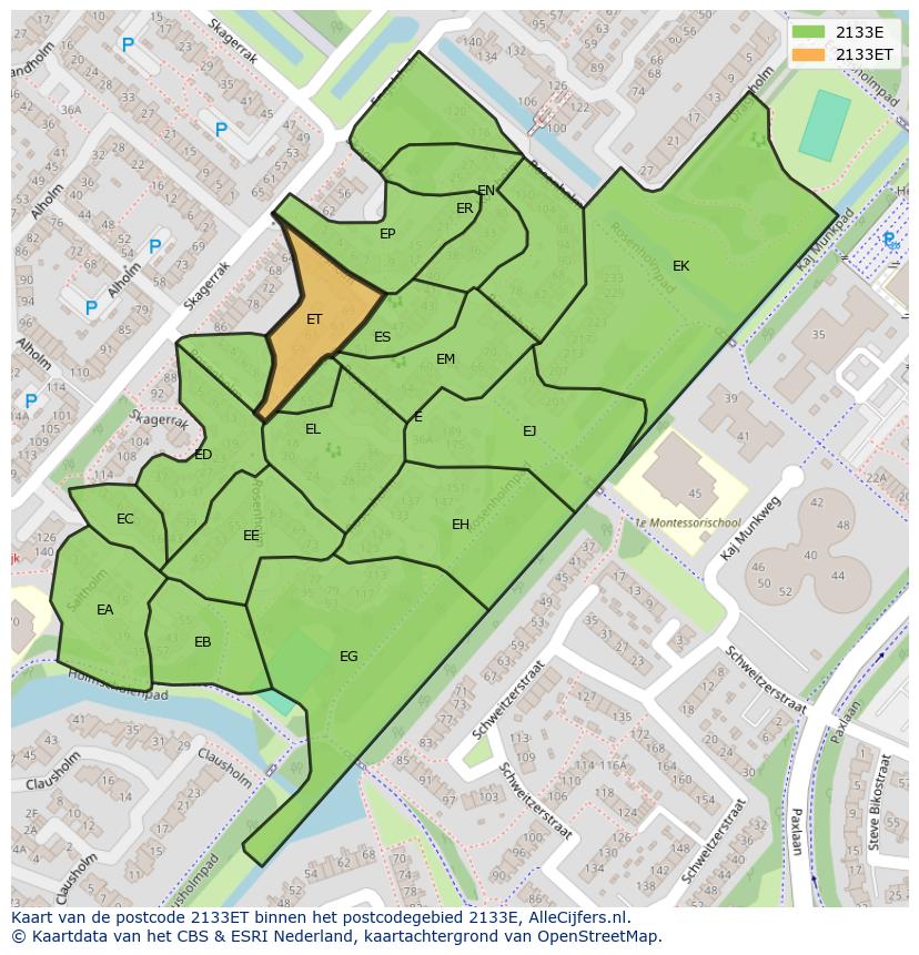 Afbeelding van het postcodegebied 2133 ET op de kaart.
