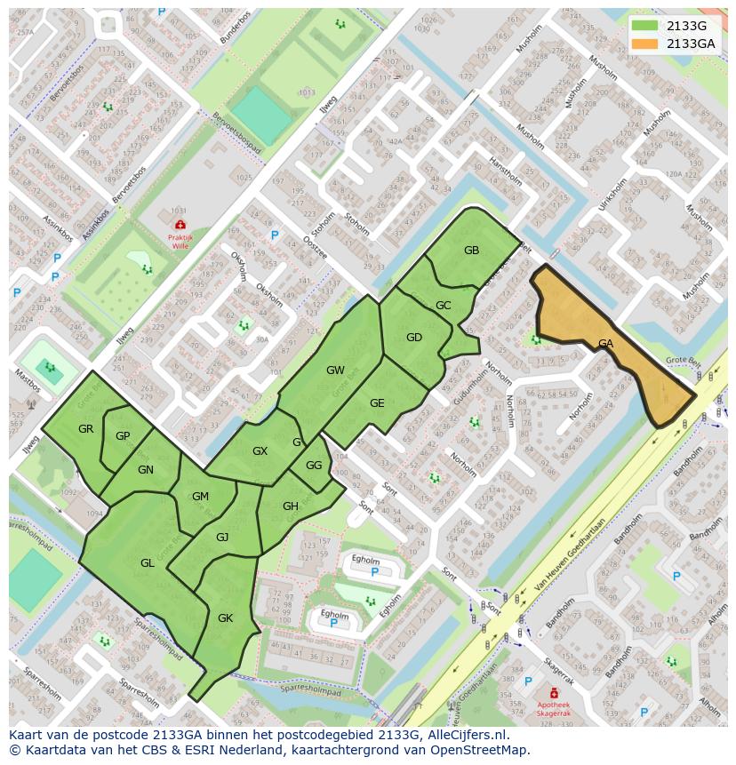 Afbeelding van het postcodegebied 2133 GA op de kaart.