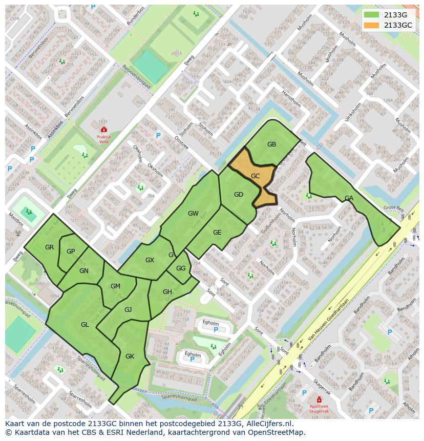 Afbeelding van het postcodegebied 2133 GC op de kaart.