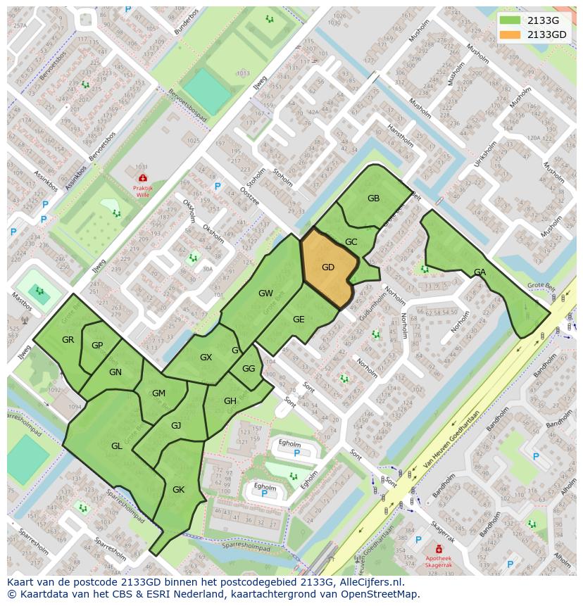 Afbeelding van het postcodegebied 2133 GD op de kaart.