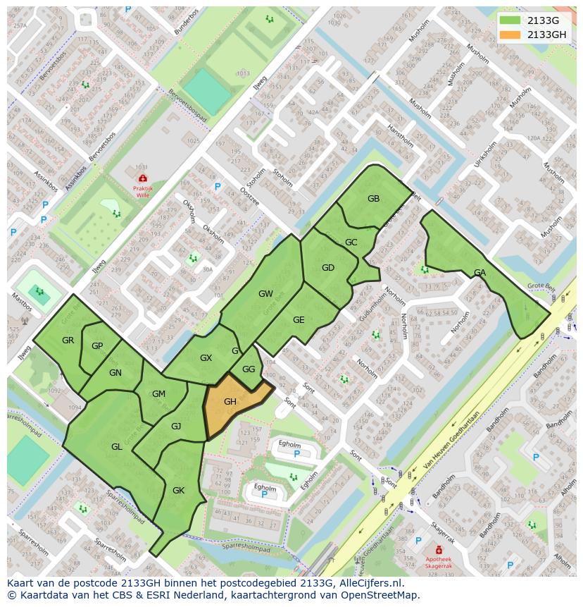 Afbeelding van het postcodegebied 2133 GH op de kaart.