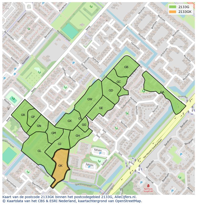 Afbeelding van het postcodegebied 2133 GK op de kaart.
