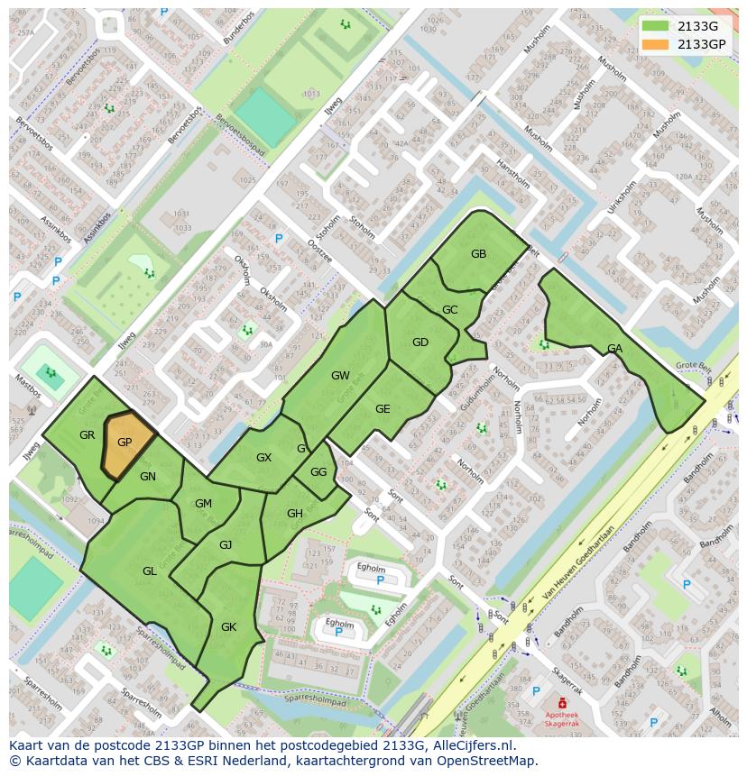 Afbeelding van het postcodegebied 2133 GP op de kaart.