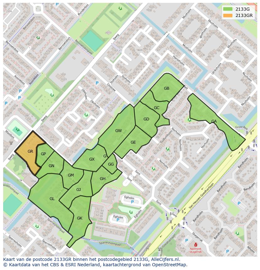 Afbeelding van het postcodegebied 2133 GR op de kaart.