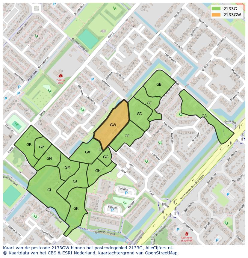 Afbeelding van het postcodegebied 2133 GW op de kaart.
