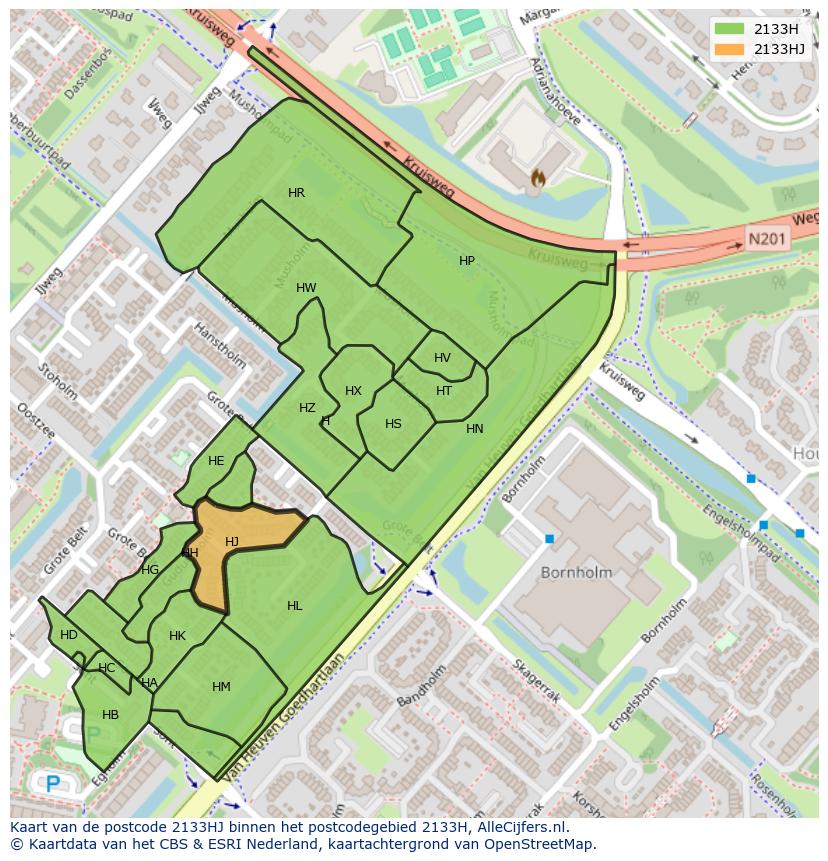 Afbeelding van het postcodegebied 2133 HJ op de kaart.