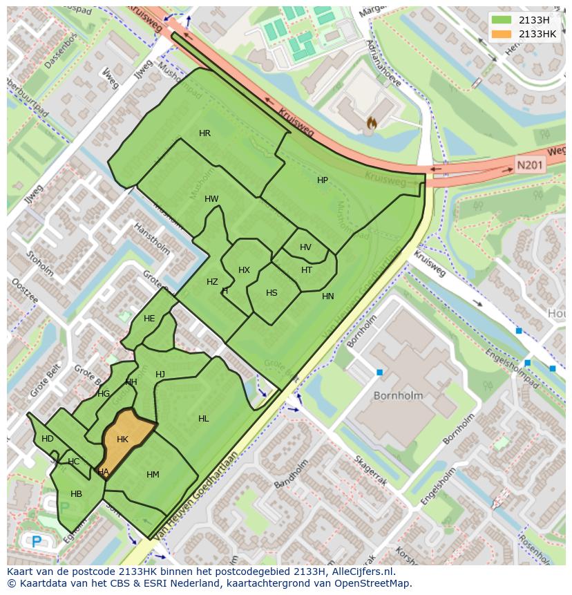 Afbeelding van het postcodegebied 2133 HK op de kaart.