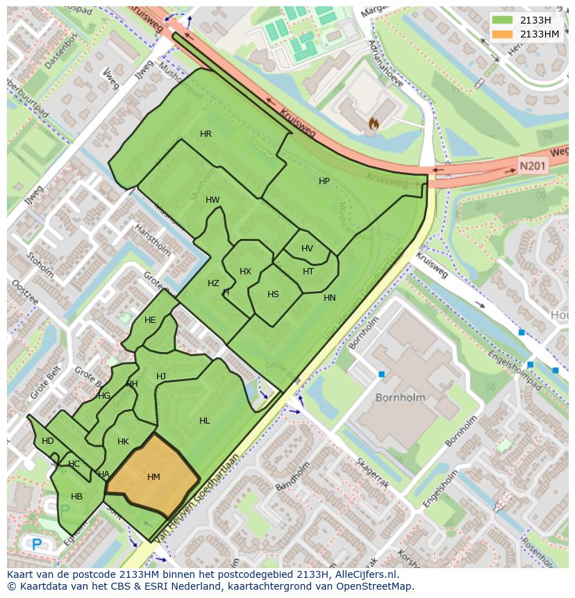 Afbeelding van het postcodegebied 2133 HM op de kaart.