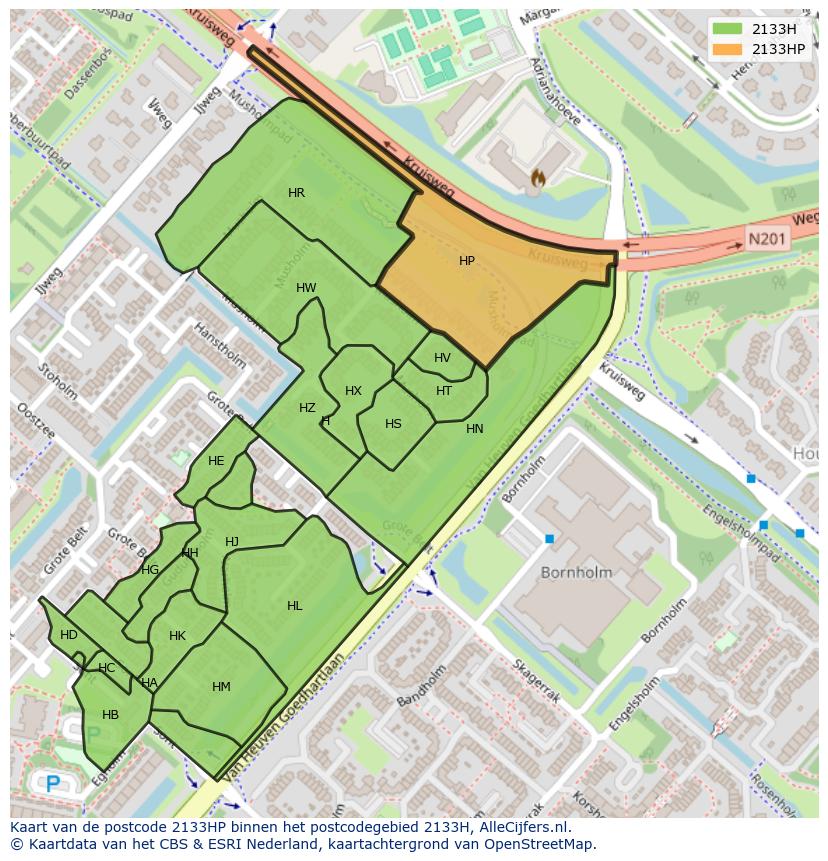 Afbeelding van het postcodegebied 2133 HP op de kaart.