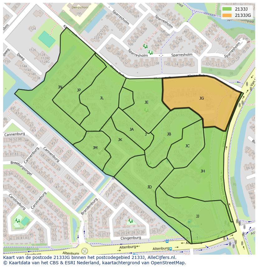 Afbeelding van het postcodegebied 2133 JG op de kaart.