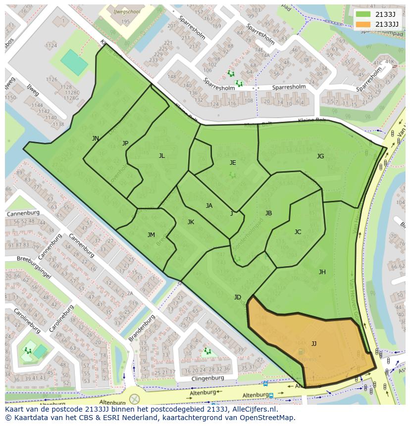 Afbeelding van het postcodegebied 2133 JJ op de kaart.
