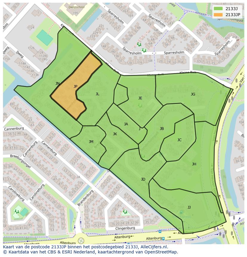 Afbeelding van het postcodegebied 2133 JP op de kaart.