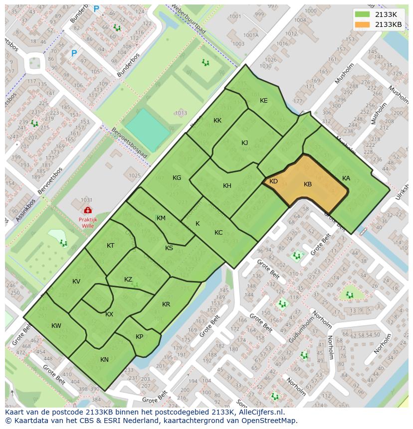 Afbeelding van het postcodegebied 2133 KB op de kaart.