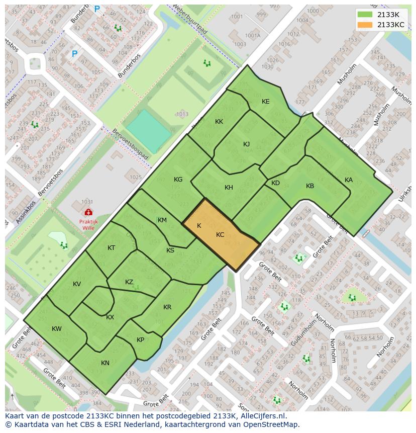 Afbeelding van het postcodegebied 2133 KC op de kaart.