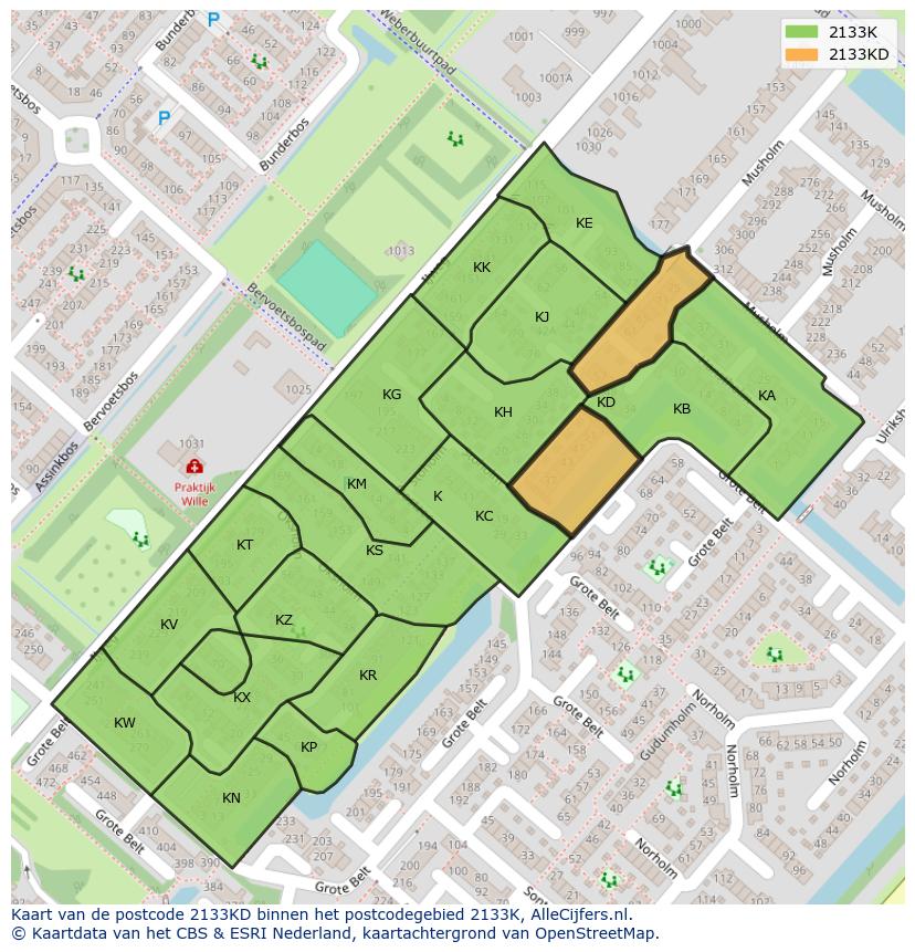 Afbeelding van het postcodegebied 2133 KD op de kaart.
