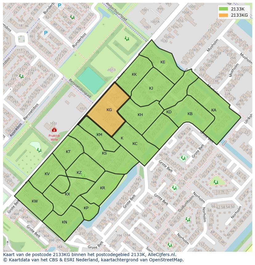Afbeelding van het postcodegebied 2133 KG op de kaart.