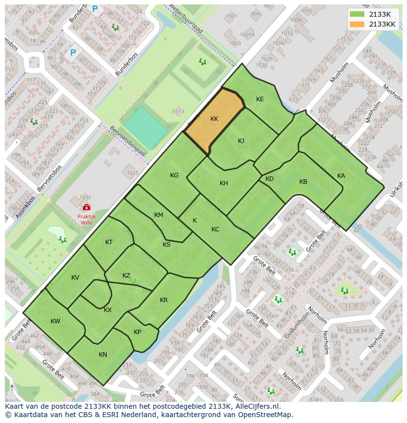 Afbeelding van het postcodegebied 2133 KK op de kaart.