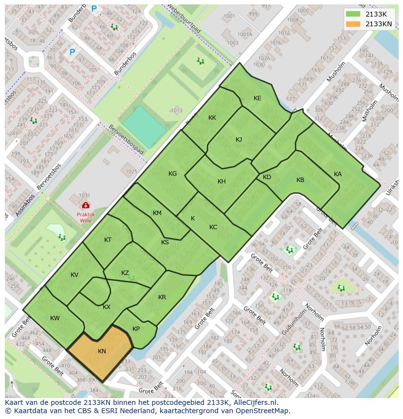 Afbeelding van het postcodegebied 2133 KN op de kaart.