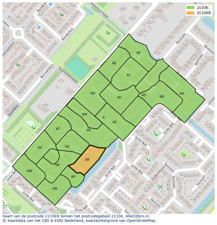 Afbeelding van het postcodegebied 2133 KR op de kaart.