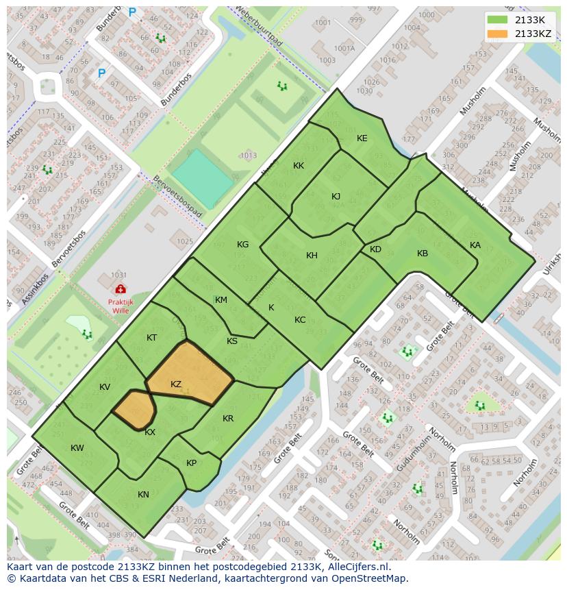 Afbeelding van het postcodegebied 2133 KZ op de kaart.