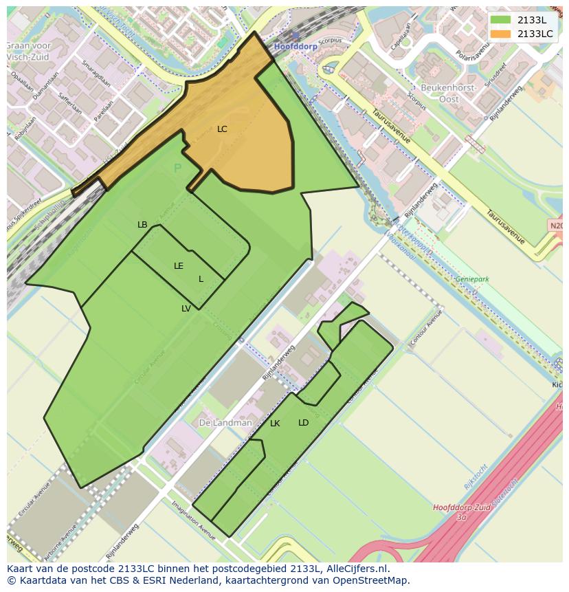 Afbeelding van het postcodegebied 2133 LC op de kaart.
