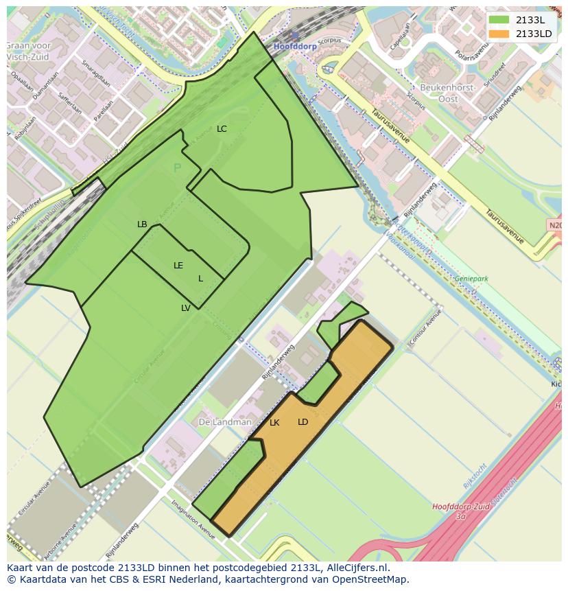 Afbeelding van het postcodegebied 2133 LD op de kaart.